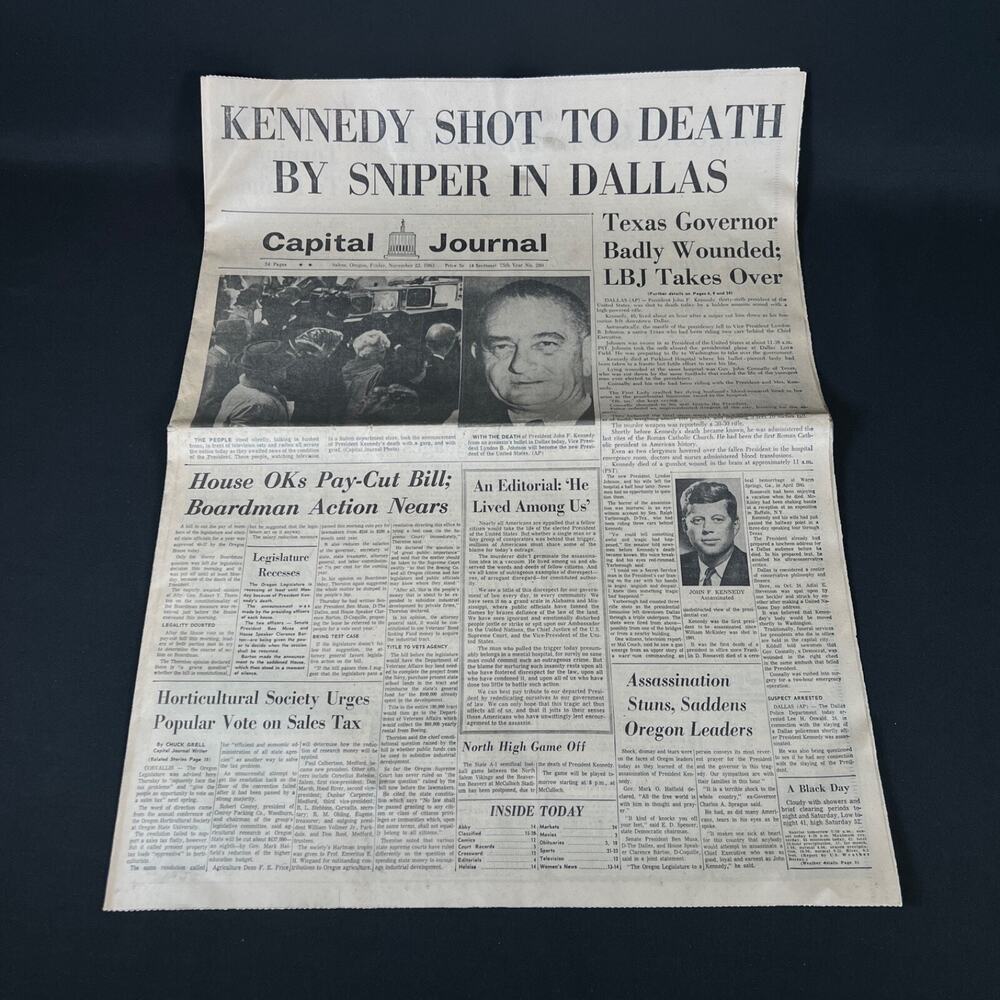 1963 nov 22 “KENNEDY SHOT TO DEATH BY SNIPER IN DALLAS Capital Journal newspaper